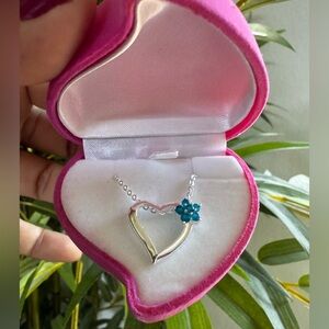 925 Silver Heart Pendant Blue Stones & Necklace